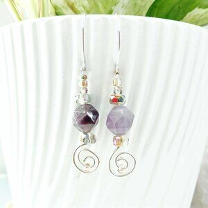 Boho Style Amethyst Dangle Drop Earrings, Crystal Gemstone Beaded Statement